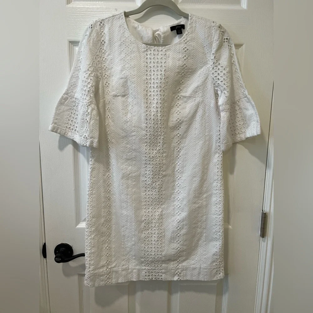 J Crew Women Size 2 Shift Dress White Eyelet 3/4 Sleeve Resort Wear 100% Cotton
